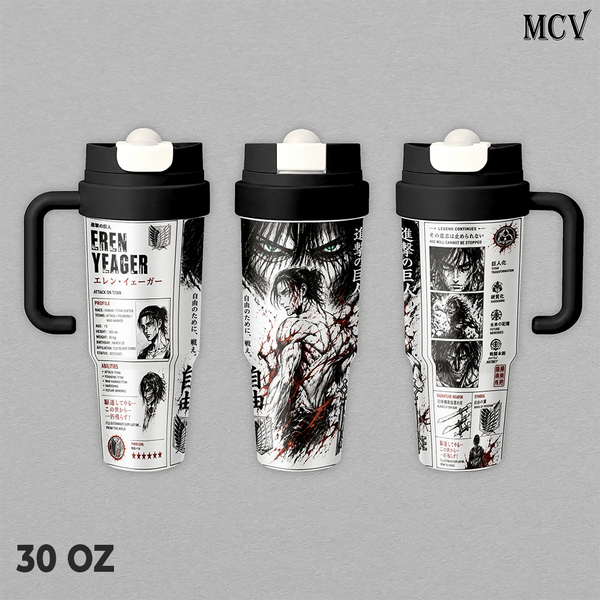 Eren Yeager Attack on Titan Tumbler 17oz 24oz 30oz, Premium Insulated Stainless Steel Travel Mug with Lid and Handle, Eren Yeager Anime Graphic Design, Reusable Coffee Water Cup, Gift for Attack on Titan Fans