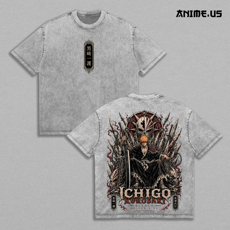 Ichigo Kurosaki Bleach Vintage Acid Wash Anime Graphic Tee, Hollow King Soul Reaper Protector Energy Inner Power Large Back Print Unisex Cotton Streetwear