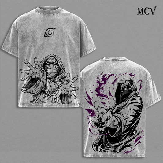 Naruto Aburame Shino Vintage Washed T-Shirt, Hidden Leaf Ninja Bug Technique Anime Graphic Tee, Dark Anime Streetwear Heavy Cotton