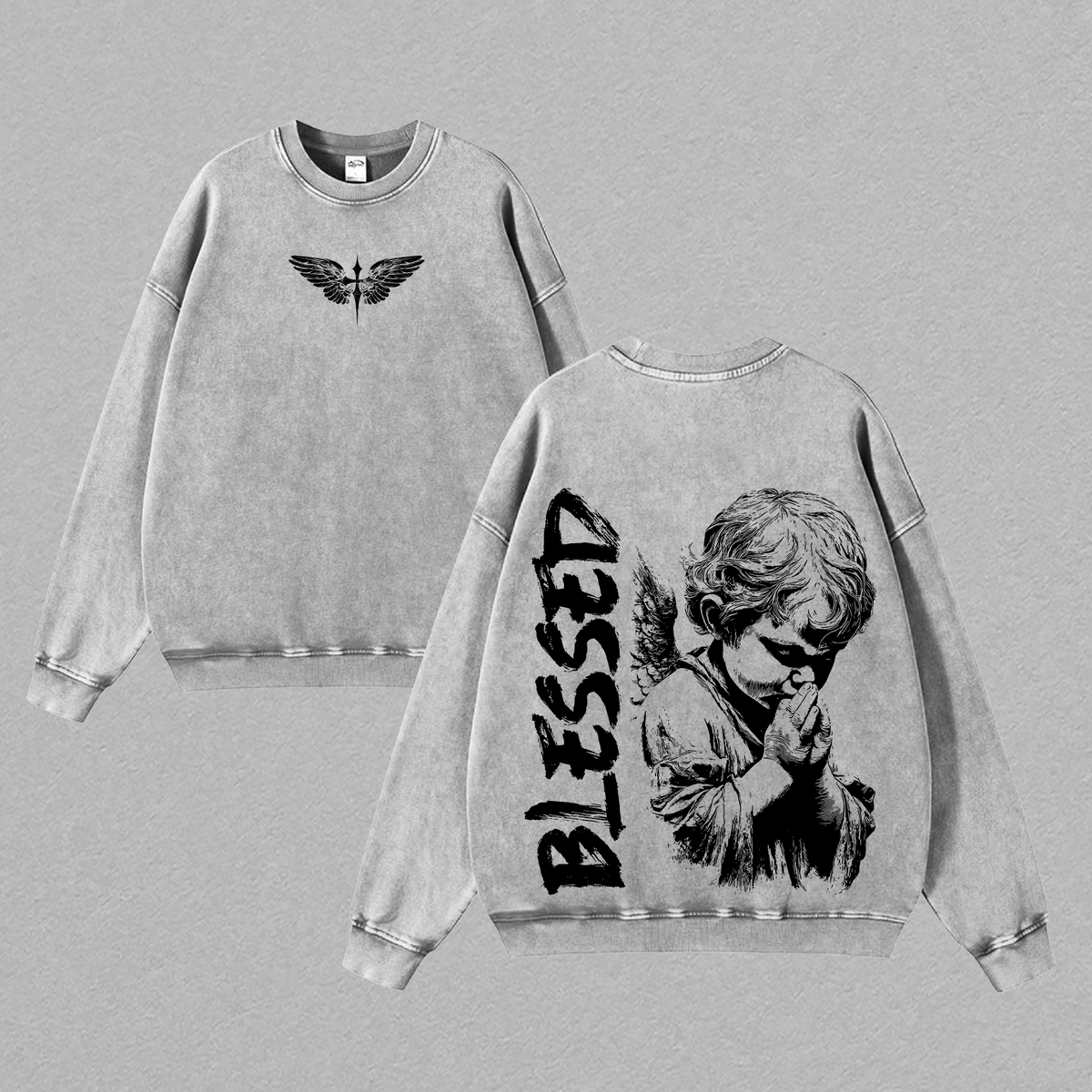 Blessed Angel T Shirt / Sweatshirt / Hoodie Washed Oversized Christian Streetwear Jesus Faith Apparel Praying Cherub Graphic Tee Heavy Cotton Religion Inspired Shirt for Men Women
