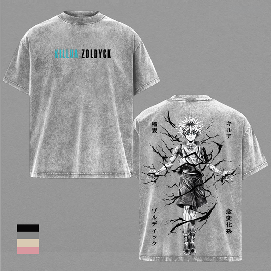 Killua Zoldyck Hunter x Hunter Vintage Washed T-Shirt, Anime Graphic Tee Heavyweight Cotton Streetwear