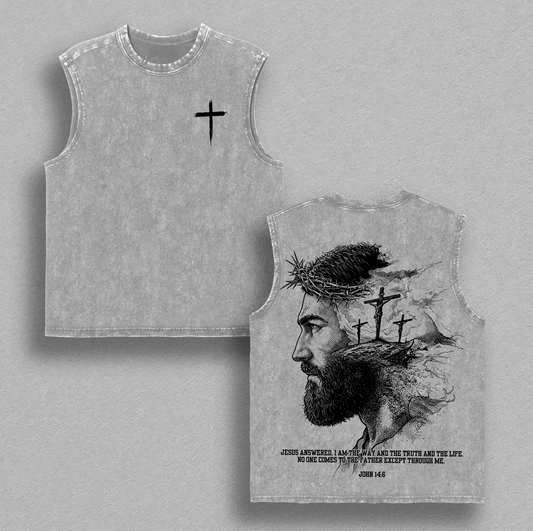 John 14:6 Vintage Washed Oversized Christian T-Shirt, Jesus Portrait Faith Graphic Tee, Heavy Cotton Dark Scripture Streetwear Top, Unisex Retro Worship Shirt for Believers