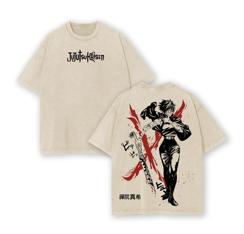 Maki Zenin Tee Washed – Jujutsu Kaisen Execution Culling Game Arc Vintage Oversized Heavy Cotton Double Printed Anime Manga T-Shirt, Retro Unisex Streetwear Graphic Top, The Demon of Zenin Clan Edition
