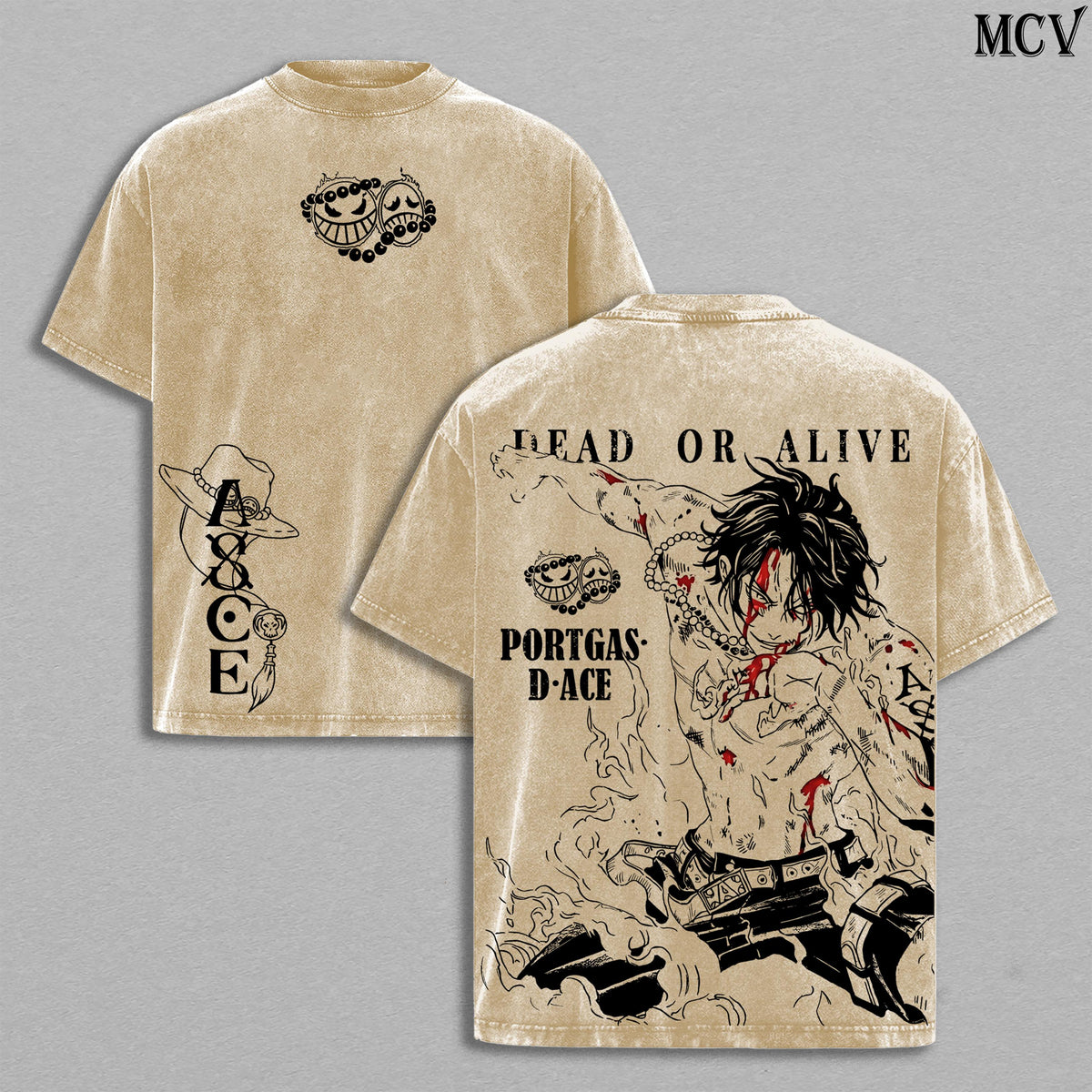 Ace Fire Fist Anime Vintage Washed T-Shirt, Flame Pirate Graphic Tee, Manga Streetwear Shirt Heavyweight Cotton