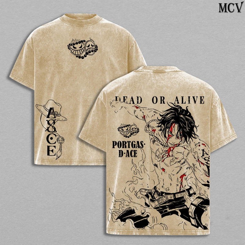Ace Fire Fist Anime Vintage Washed T-Shirt, Flame Pirate Graphic Tee, Manga Streetwear Shirt Heavyweight Cotton