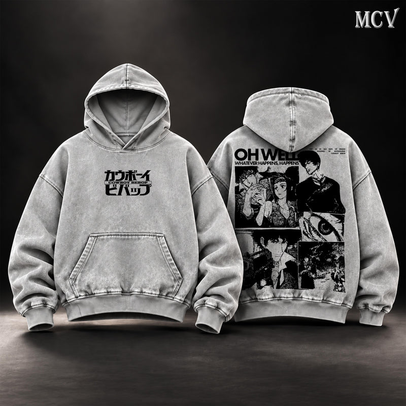 Cowboy Bebop Vintage Washed Oversized Hoodie, Spike Spiegel & Faye Valentine Anime Graphic Pullover, Double-Sided Retro 90s Y2K Streetwear, Unisex Anime Fan Gift
