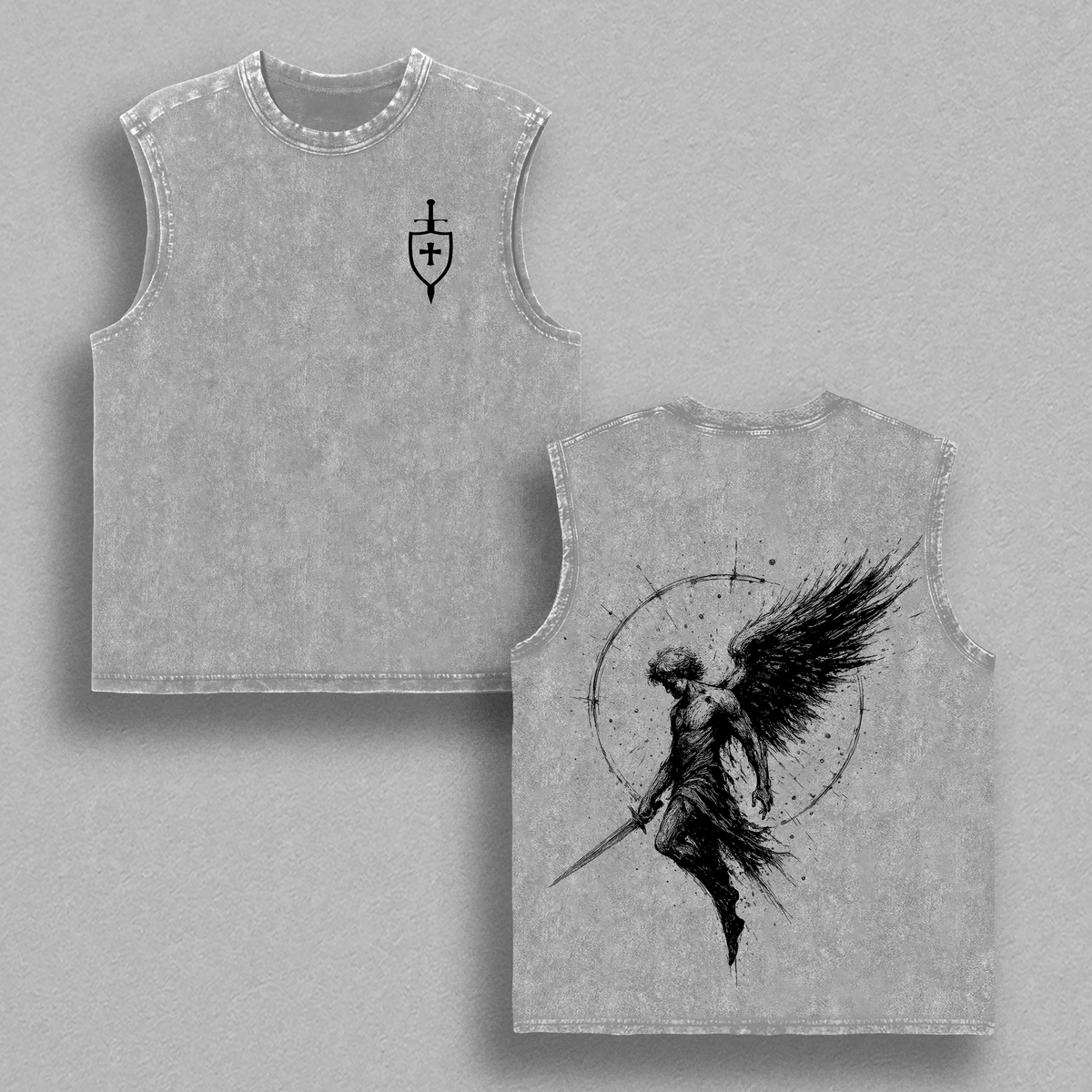 Sanctus Michael Archangelus x Flaming Sword x Shield x Scales of Justice Archangel Michael T-Shirt Washed Church Outfit Gym Pump Cover ,Christian Religious , Jesus Apparel