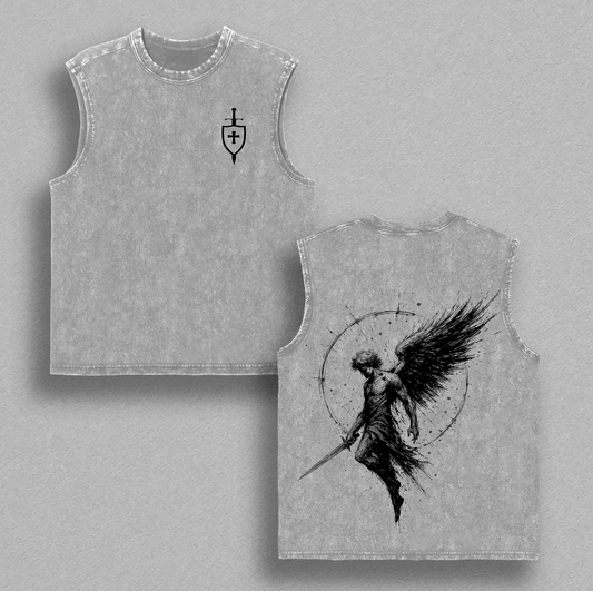 Sanctus Michael Archangelus x Flaming Sword x Shield x Scales of Justice Archangel Michael T-Shirt Washed Church Outfit Gym Pump Cover ,Christian Religious , Jesus Apparel