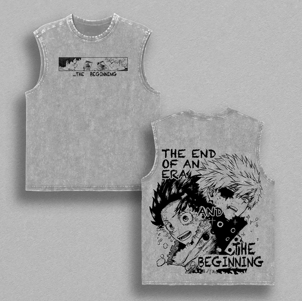 Bakugo x Deku The End & The Beginning Vintage Washed Oversized Tee – My Hero Academia Heavy Cotton Double Printed Anime Streetwear T-Shirt, Gift for Anime & Manga Fans