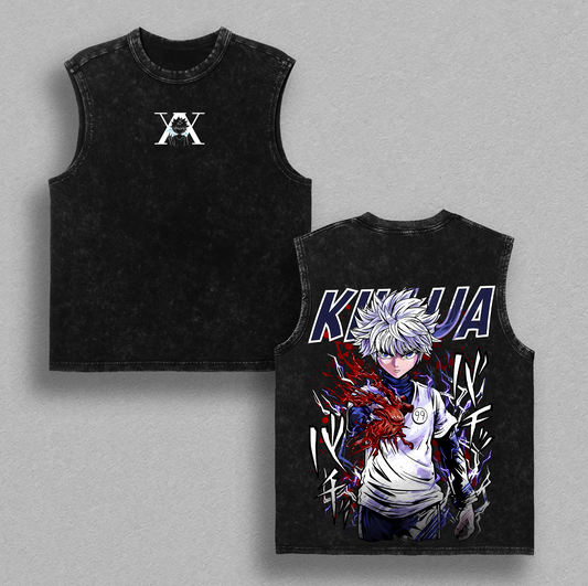 Retro Heavy Limited Gon Freecss vs Killua Zoldyck Hunter X Hunter Anime Double Printed Vintage Washed Tee Unisex Anime Manga Washed Heavyweight Cotton T-shirt, Gift For Anime Fan, Anime Lover, Hxh Merch graphic