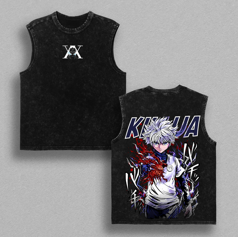 Retro Heavy Limited Gon Freecss vs Killua Zoldyck Hunter X Hunter Anime Double Printed Vintage Washed Tee Unisex Anime Manga Washed Heavyweight Cotton T-shirt, Gift For Anime Fan, Anime Lover, Hxh Merch graphic