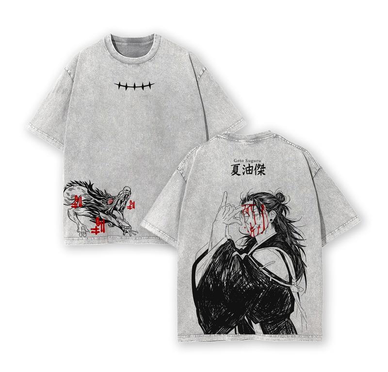 Geto Suguru Jujutsu Kaisen Tee Washed – Vintage Acid Wash Oversized Heavyweight Cotton Anime Manga T-Shirt, Double Printed Retro Unisex Streetwear Graphic Top, Gift for Anime Fans & Manga Lovers