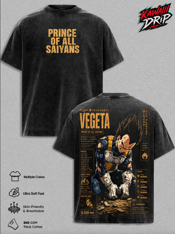 Dragon Ball Z Vegeta Prince of All Saiyans Washed T-Shirt | Vintage Oversized Heavy Cotton Double-Sided Anime Graphic Tee