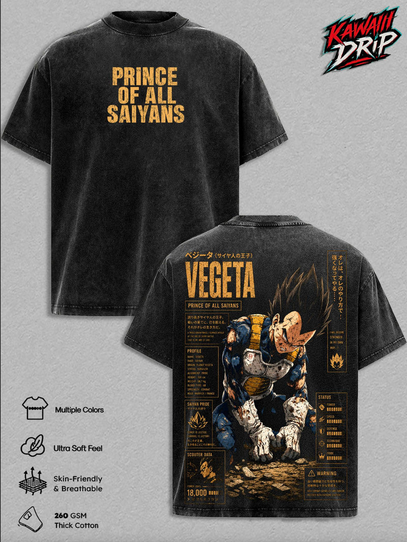 Dragon Ball Z Vegeta Prince of All Saiyans Washed T-Shirt | Vintage Oversized Heavy Cotton Double-Sided Anime Graphic Tee