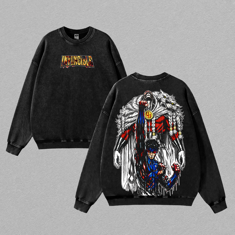 Invincible Thragg vs Mark Grayson Graphic Tee | Vintage Washed Oversized Heavyweight T Shirt | Dark Superhero Comic Streetwear Shirt | Blood Fight Large Back Print Tee | Heavy Cotton Unisex | Gym Pump Cover Gamer Outfit | Gift For Invincible Fans