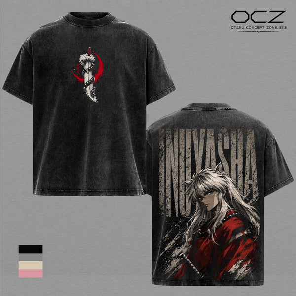 Inuyasha Vintage Washed T-Shirt, Half Demon Anime Graphic Tee, Tessaiga Sword Double Sided Print, Heavyweight Cotton Oversized Manga Streetwear Shirt