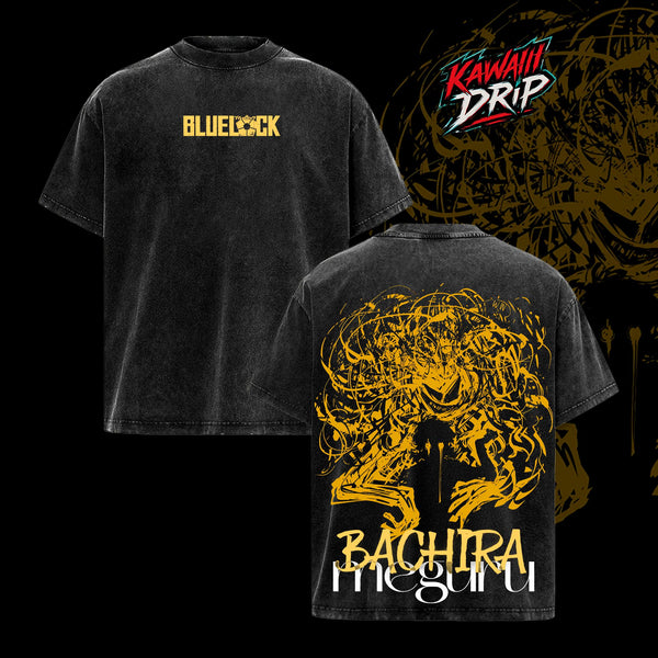 Blue Lock Anime Bachira Meguru Soccer Manga, Double Printed Oversize Lightweight Acid Washed Tee, Japanese Anime Graphic Top Cotton Gift T-Shirt For Anime Fan, Gift T-Shirt For Manga & Football Lover