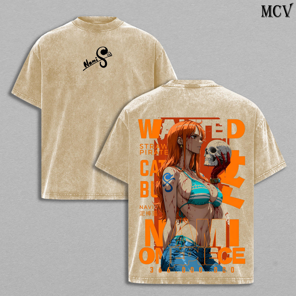 Nami Washed Tee – OnePiec Anime Manga Lightning Girl Graphic Double Printed T-Shirt, Menswear Heavy Cotton Unisex Oversize Vintage Streetwear