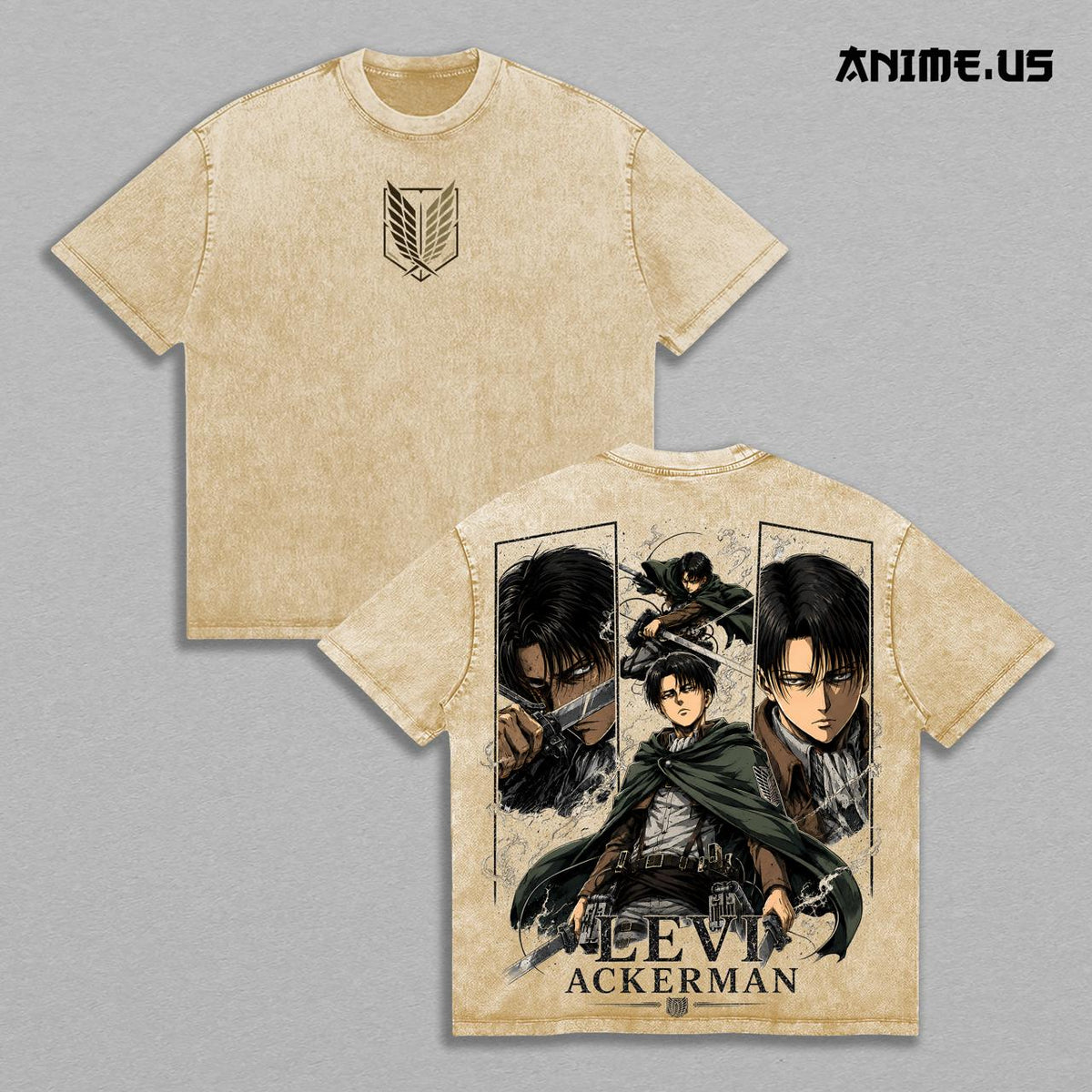 Levi Ackerman Attack on Titan Scout Regiment Captain Vintage Washed Anime Shirt, Silent Leader Precision Fighter Aura Graphic Tees Men Large Back Print Streetwear