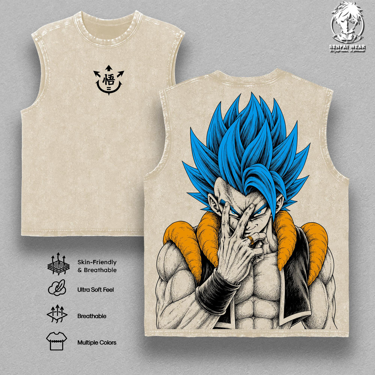 Gogeta Tank Tops Washed, DBZ Anime Graphic Tee, Oversized Blue Super Saiyan Vintage Washed Shirt, Heavyweight Streetwear For Men, Gym Pump Cover Outfit, Gift For Anime Lovers