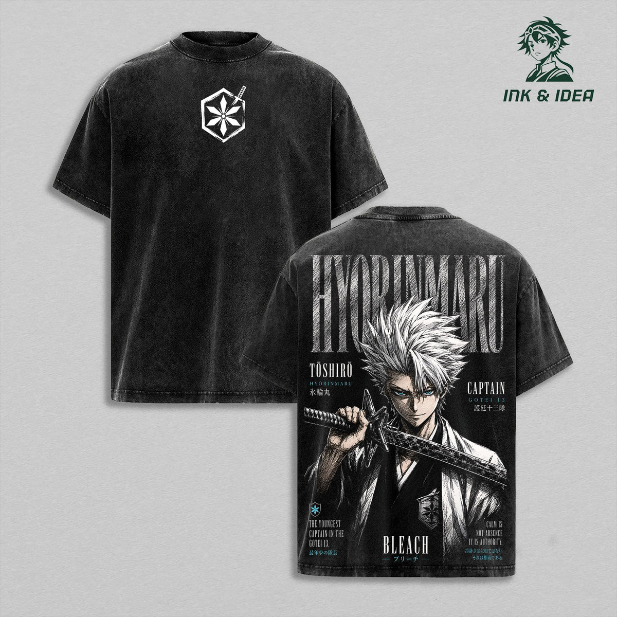 Toshiro Hitsugaya Bleach Vintage Washed Heavyweight Cotton T-Shirt, Hyorinmaru Ice Dragon Soul Reaper Captain Graphic Tee, Double Sided Oversized Manga Streetwear, Unisex Anime Fan Gift