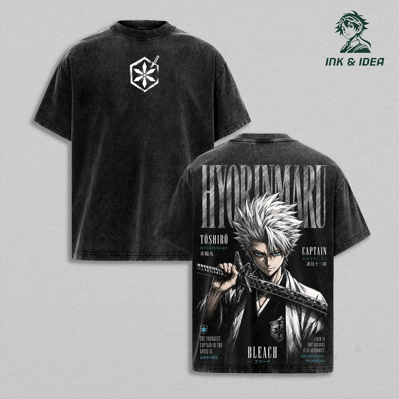 Toshiro Hitsugaya Bleach Vintage Washed Heavyweight Cotton T-Shirt, Hyorinmaru Ice Dragon Soul Reaper Captain Graphic Tee, Double Sided Oversized Manga Streetwear, Unisex Anime Fan Gift