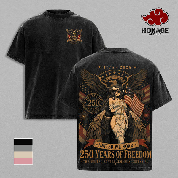 Albedo Overlord T-Shirt, 250 Years Of Freedom Anime Graphic Tee, Back Print Vintage 90s Anime Shirt, Graphic Tees Men, Patriotic Anime Streetwear, Unisex Cotton Distressed Tee, Merch For Men, Men Fashion Graphic Tee