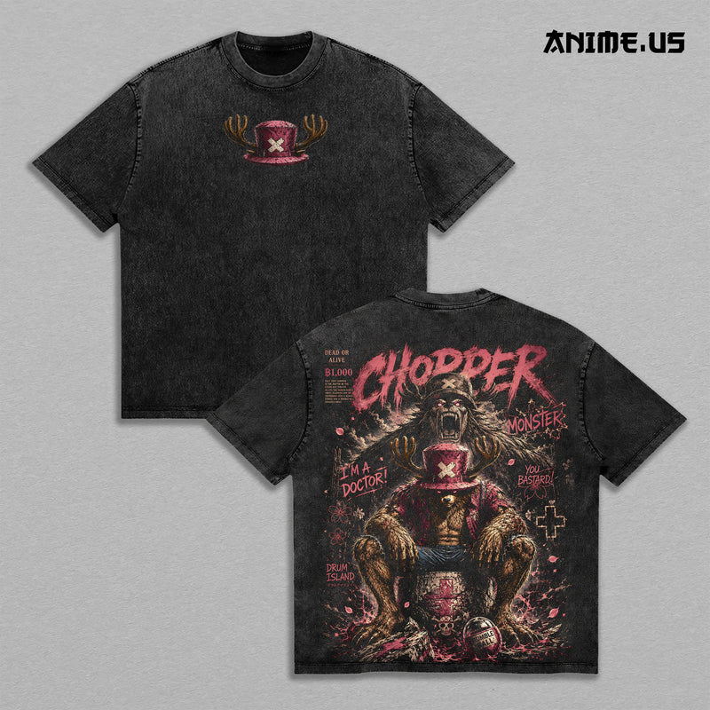 Toni Chopper Monster Point OnePiece Anime Graphic Tee Drum Island Doctor Vintage Washed Oversized T-Shirt Manga Art Heavyweight Cotton Streetwear Back Print Shirt