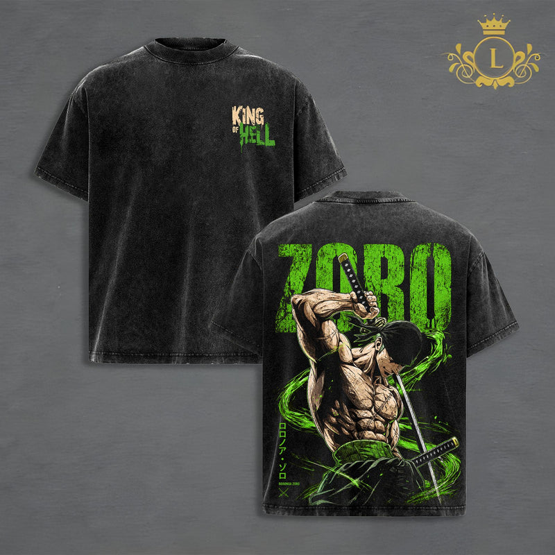 Roronoa Zoro Anime Streetwear T-Shirt, Three Sword Style Graphic Tee, Pirate Hunter Vintage Washed Shirt, Oversized Japanese Manga Fashion, Premium Cotton Apparel, Harajuku Style, Anime Gift