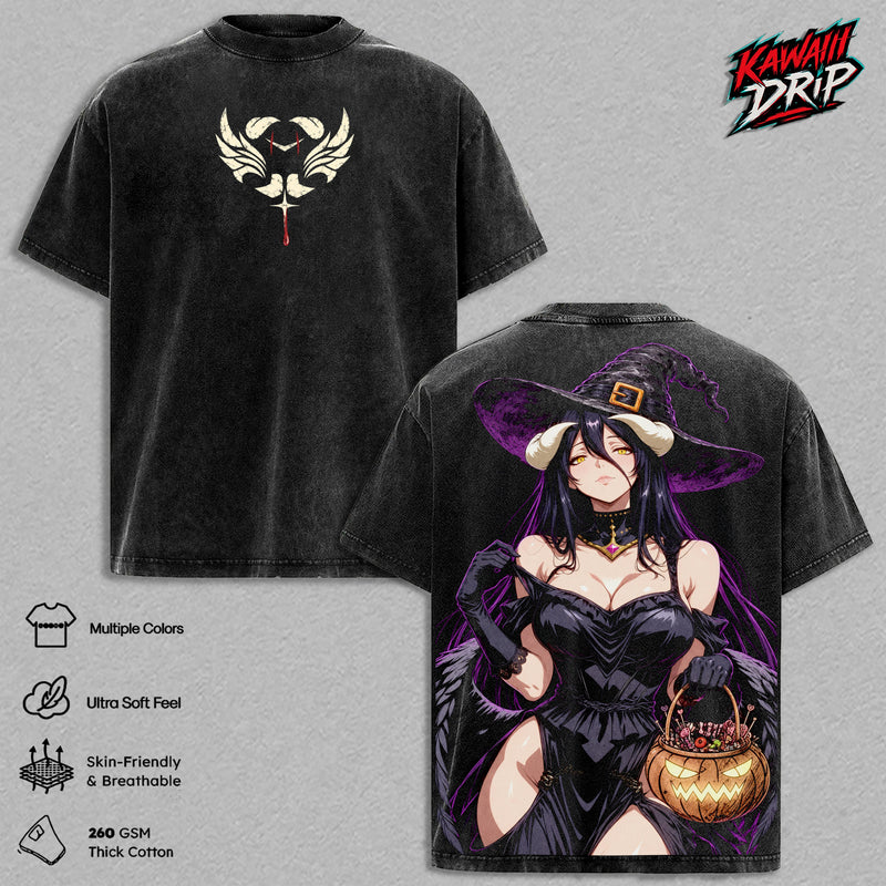 Albedo Overlord Halloween Anime Graphic T-Shirt Witch Pumpkin Gothic Horror Manga Tee Vintage Washed Oversized Heavyweight Cotton Streetwear Back Print