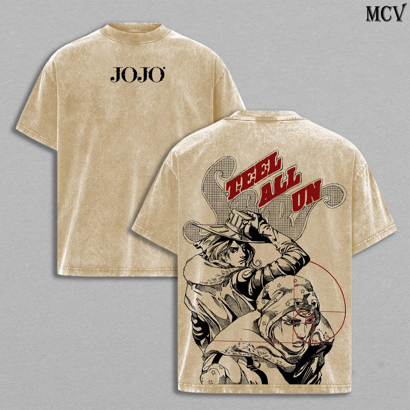 Johnny Joestar x Gyro Zeppeli Tee Washed – JoJo’s Bizarre Adventure Steel Ball Run Part 7 Vintage Retro Washed Heavy Cotton Oversized Anime Manga T-Shirt & Hoodie, Double Printed Western Race Retro Unisex Streetwear Graphic Top, Spin Technique Duo Edition