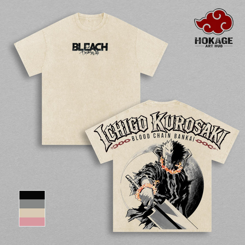 Ichigo Kurosaki Bleach T-Shirt, Blood Chain Bankai Anime Graphic Tee, Soul Reaper Manga Shirt, Back Print Vintage Anime Shirt, Graphic Tees Men, Trendy Tshirts, Men’s T Shirts, Bleach Streetwear, Unisex Cotton Distressed Tee, Anime Merch