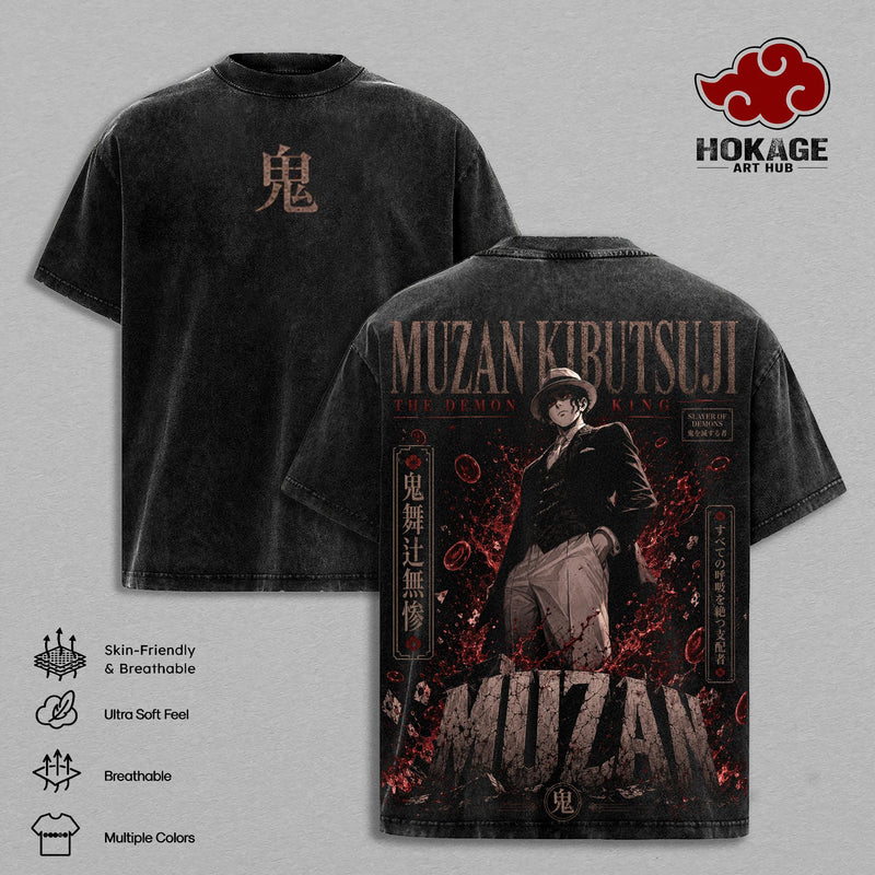 Infinity Castle Vintage Washed Anime T-Shirt - Muzan Kibutsuji Graphic Tee, Upper Moon Demon Streetwear Oversized Heavy Cotton Unisex Shirt, Demon Slayer Retro Manga Gift for Men & Women