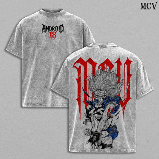 Android 18 DBZ Blonde Cyborg 18 Vintage Washed T-Shirt | Anime Android Girl Graphic Tee | Retro Power Fighter Streetwear Oversized Shirt