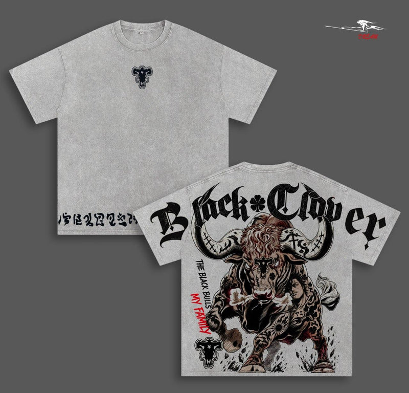 Black Clover Black Bulls Anime Double Printed Vintage Washed Tee Unisex Oversize Anime Manga Washed Heavyweight Cotton T-shirt