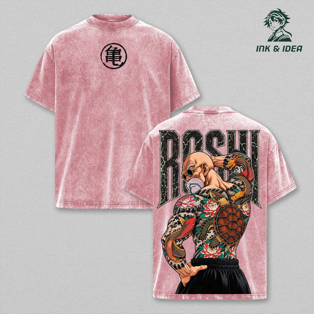 Master Roshi DBZ Vintage Washed Gym T-Shirt, Turtle School Martial Arts Tattoo Double Sided Anime Graphic Tee, Oversized Heavyweight Cotton Manga Streetwear, Unisex Fan Gift