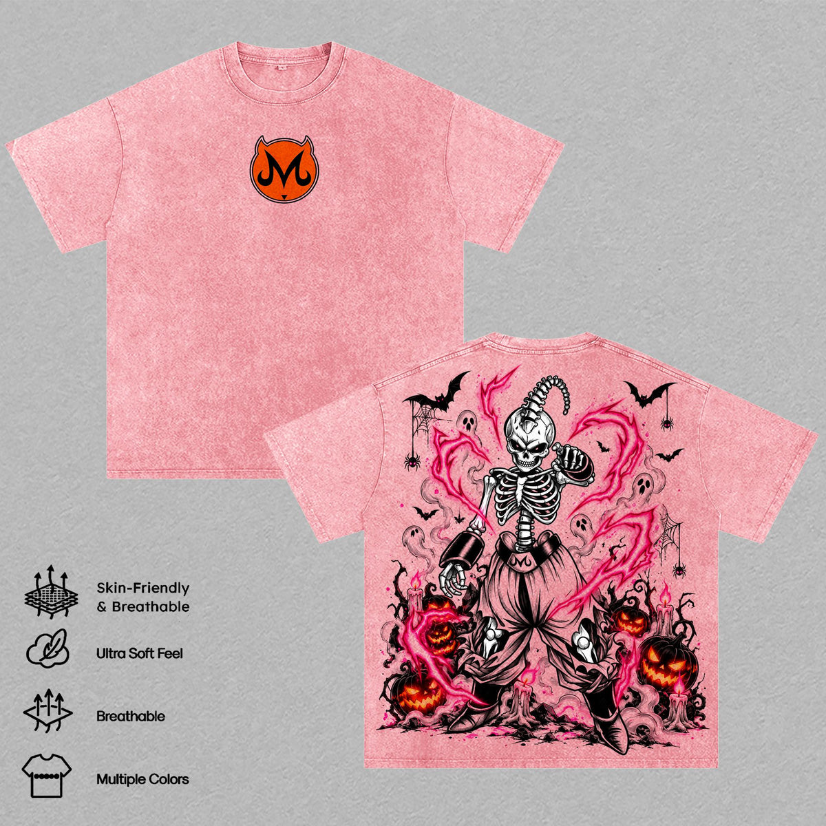 Majin Buu Halloween Washed T-Shirt, DBZ Anime Graphic Tee, Skeleton Spooky Oversized Streetwear Shirt, Halloween Anime Gift