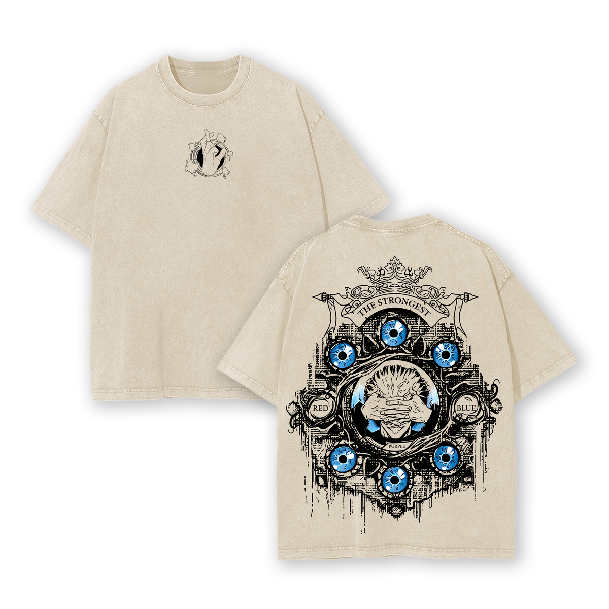 Gojo Satoru Six Eyes Tee Washed – Vintage Oversized Heavy Cotton Jujutsu Kaisen Execution Culling Game The Movie T-Shirt, Double Printed Retro Unisex Streetwear Graphic Top, Menswear Underwear Oversize Anime Manga JJK T-Shirt