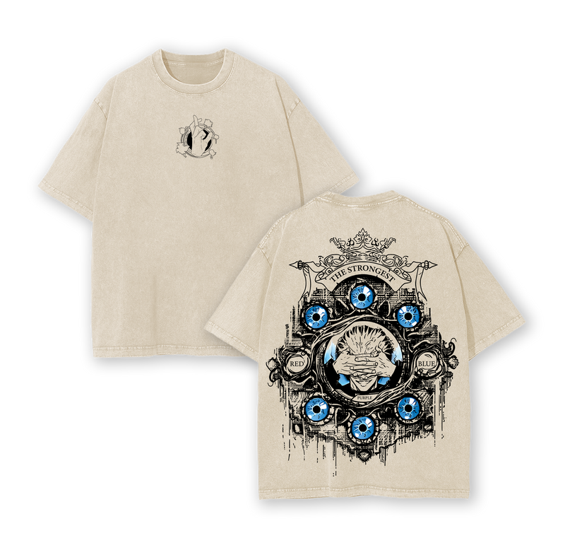 Gojo Satoru Six Eyes Tee Washed – Vintage Oversized Heavy Cotton Jujutsu Kaisen Execution Culling Game The Movie T-Shirt, Double Printed Retro Unisex Streetwear Graphic Top, Menswear Underwear Oversize Anime Manga JJK T-Shirt