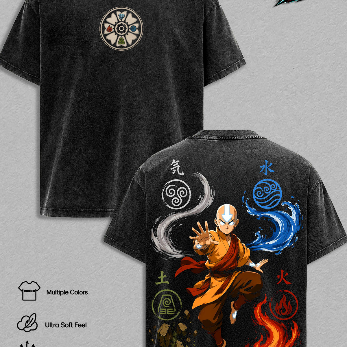 Aang Avatar The Last Airbender Vintage Washed T-Shirt - Avatar Aang Anime Graphic Tee Heavyweight Cotton Oversized Shirt Unisex Cartoon Streetwear Top Gift For Anime Fans Men & Women