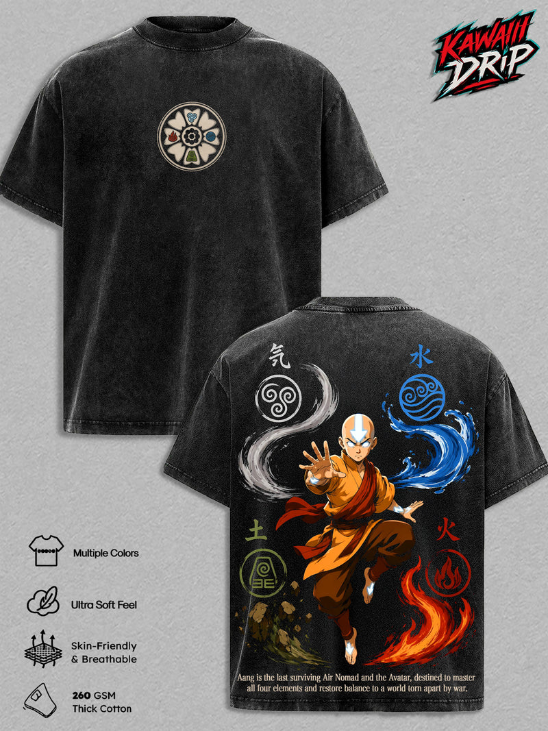 Aang Avatar The Last Airbender Vintage Washed T-Shirt - Avatar Aang Anime Graphic Tee Heavyweight Cotton Oversized Shirt Unisex Cartoon Streetwear Top Gift For Anime Fans Men & Women