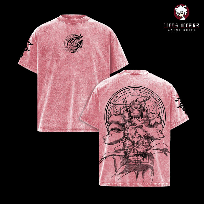 Fullmetal Alchemist Edward & Alphonse Elric Shirt – Vintage Washed Oversized Heavy Cotton Anime Graphic T-Shirt, Retro Manga Streetwear Top FMA Merch