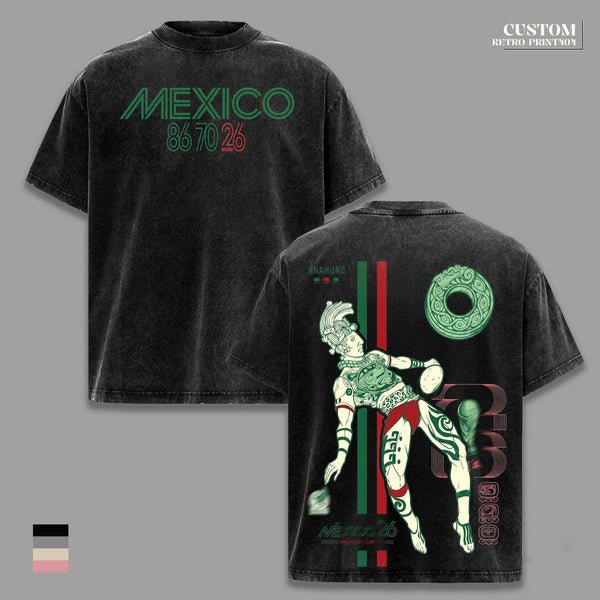 Mexico Aztec Warrior Vintage Washed T Shirt, World Soccer Tour 2026 Graphic Tee, Mexico Futbol Fan Apparel, Retro Mesoamerican Art Shirt, Oversized Heavyweight Cotton Streetwear, Sports Aesthetic Gift Merch