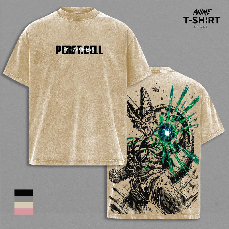 Perfect Cell DBZ T-Shirt - Perfect Cell Graphic Oversized Vintage Tee, DBZ Perfect Form Anime Merch, Washed Black Cotton Unisex