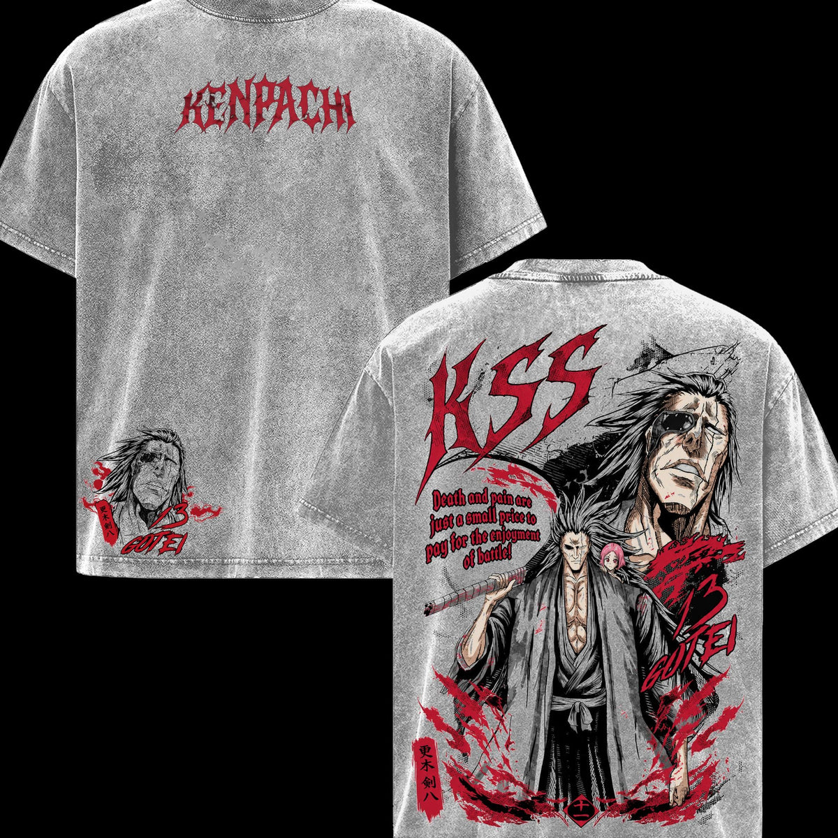 Bleach Kenpachi 13 Gotei Men’s T-Shirt, Vintage Washed Graphic Tee, Classic Casual Soft Cotton Crewneck Streetwear Apparel, Anime Clothes for Fans