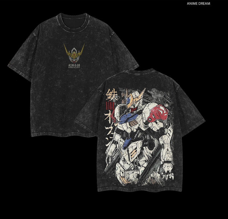 Gundam Barbatos - Mobile Suit Gundam Anime Double Printed Vintage Washed Tee Unisex Oversize Anime Manga Washed Heavyweight Cotton T-shirt, Gift For Anime Fan, Anime Lover