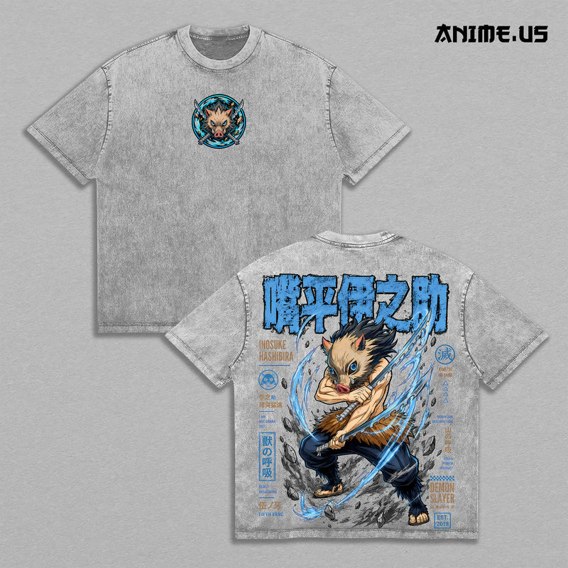 Inosuke Hashibira Demon Slayer Vintage Washed Gym T-Shirt, Beast Breathing Fifth Fang Double Sided Anime Graphic Tee, Oversized Heavyweight Cotton Boar Mask Manga Streetwear, Unisex Fan Gift