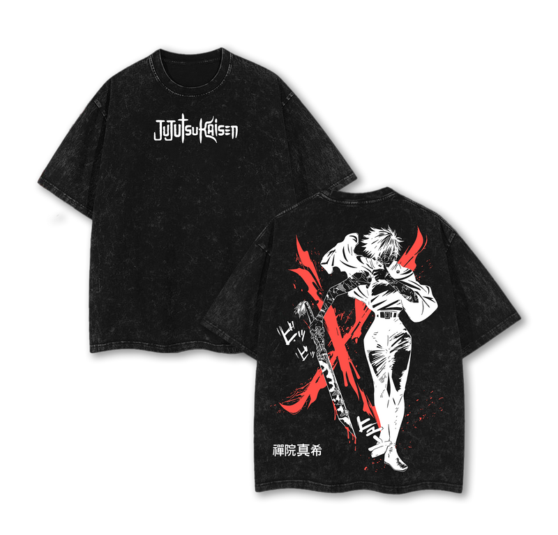 Maki Zenin Tee Washed – Jujutsu Kaisen Execution Culling Game Arc Vintage Oversized Heavy Cotton Double Printed Anime Manga T-Shirt, Retro Unisex Streetwear Graphic Top, The Demon of Zenin Clan Edition