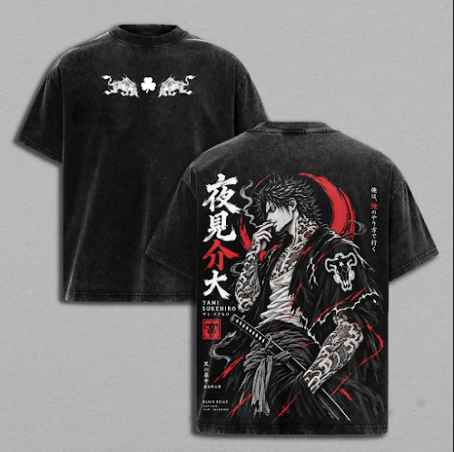 Yami Sukehiro Black Clover Vintage Washed Hoodies & T-Shirt, Black Bulls Captain Anime Graphic Tee, Oversized Double Sided Manga Print, Dark Magic Samurai Unisex Streetwear Top, Gift for Anime Fans