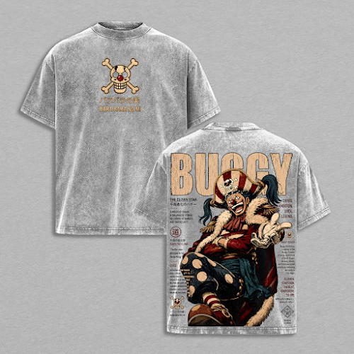 Buggy the Clown Vintage Washed T-Shirt - Anime Graphic Tee Oversized Japanese Streetwear Top Cotton Tshirt Classic Menswear Clothes Apparel Gift for Anime Fans Men & Women